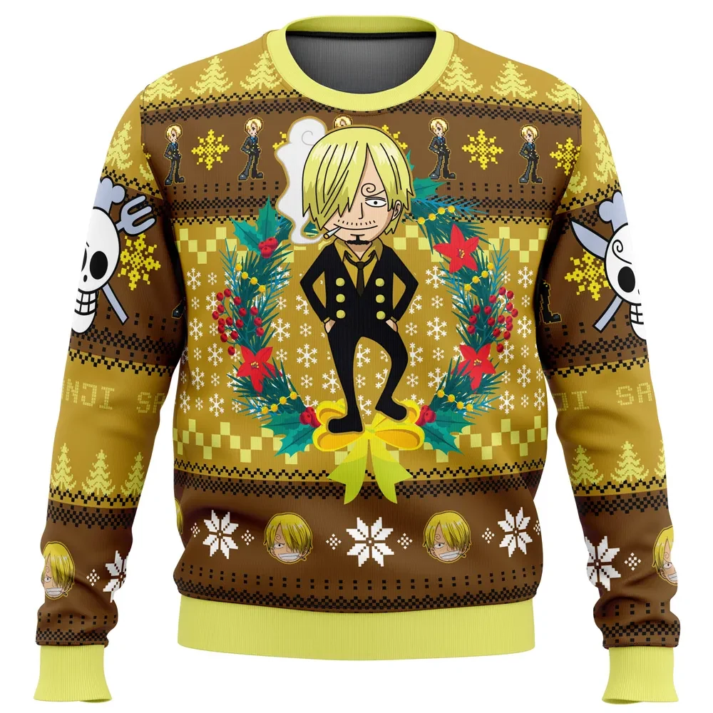 Christmas Sanji One Piece Ugly Christmas Sweater, Black Leg Sanji Chef Jolly Roger Anime Holiday Sweatshirt, Unisex Xmas Gift for Fans