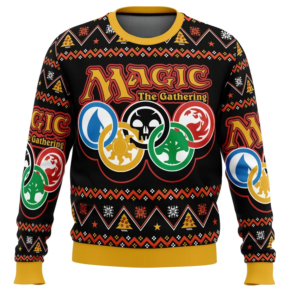 Magic the Gathering Mana Symbols Ugly Christmas Sweater, MTG Card Game Holiday Sweater, Five Color Rings Design, Tabletop Gamer Xmas Gift