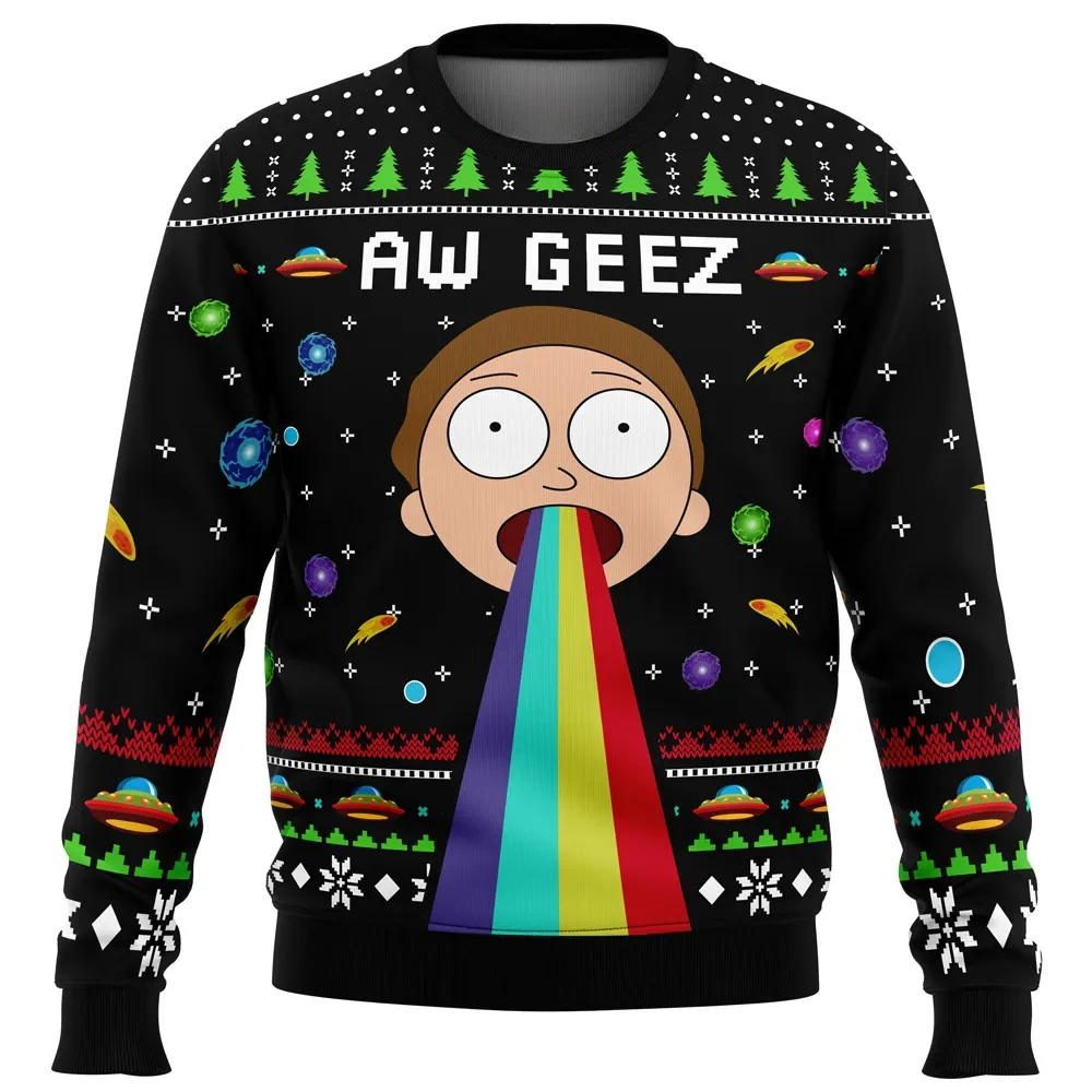 Aw Geez Morty Ugly Christmas Sweater, Rick and Morty Rainbow Space Holiday Sweater, Funny Cartoon Xmas Gift, Unisex Party Sweatshirt