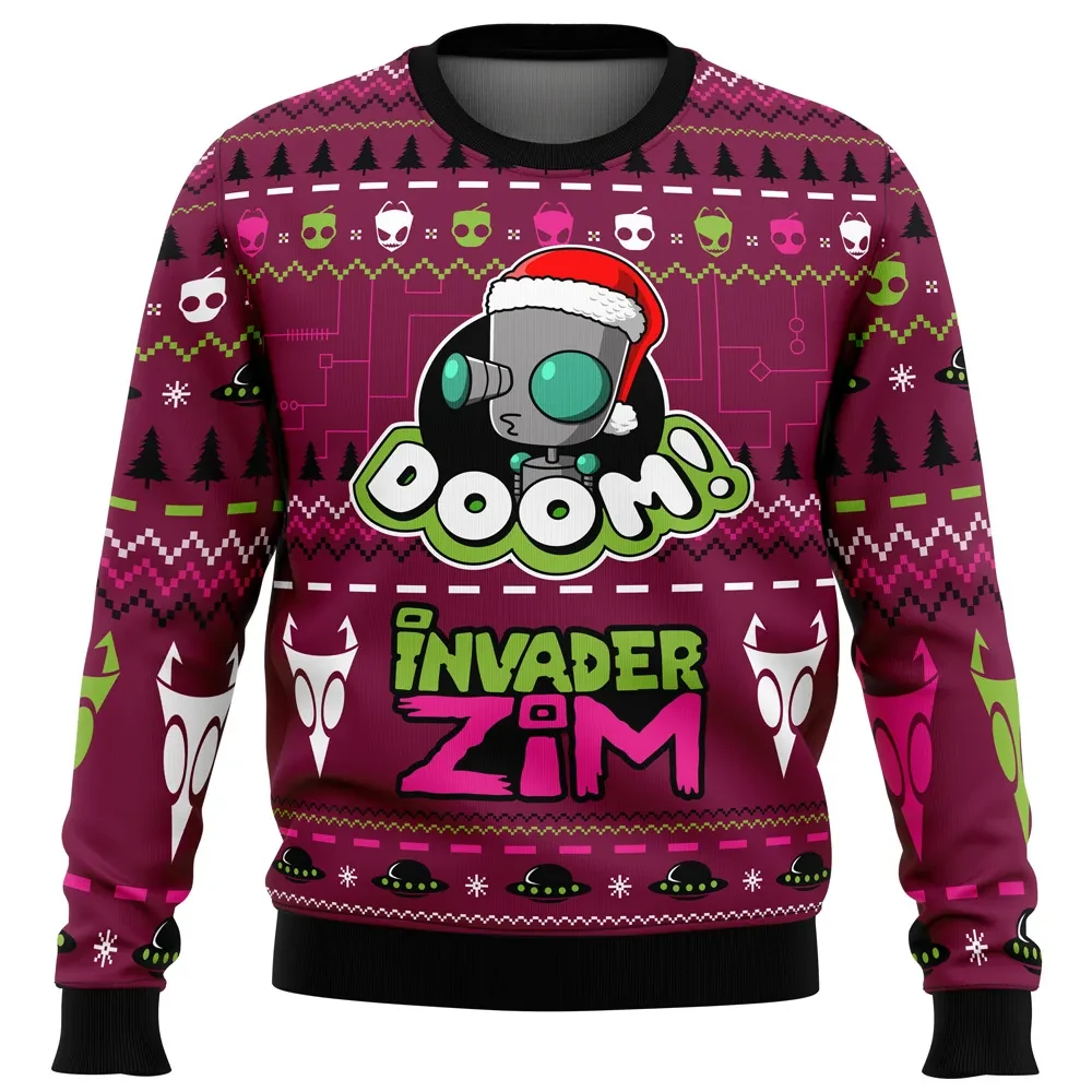 Doom Invader Zim Ugly Christmas Sweater, Invader Zim Holiday Sweater, GIR in Santa Hat Magenta Unisex Sweatshirt, Cartoon Xmas Gift for Fans