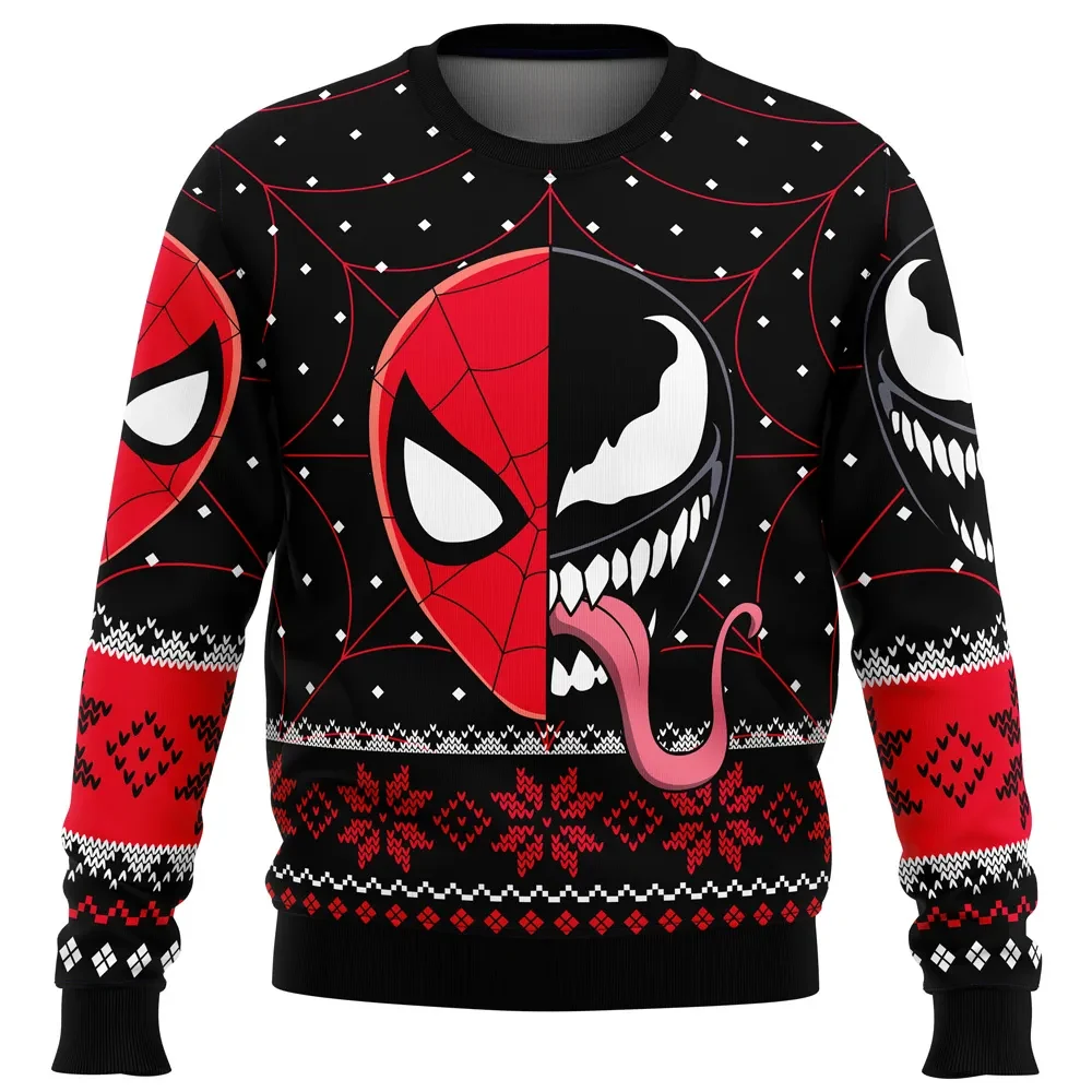 Christmas Spider-Man Venom Marvel Comics Ugly Christmas Sweater, Superhero Holiday Sweater, Symbiote Split Face Marvel Xmas Gift