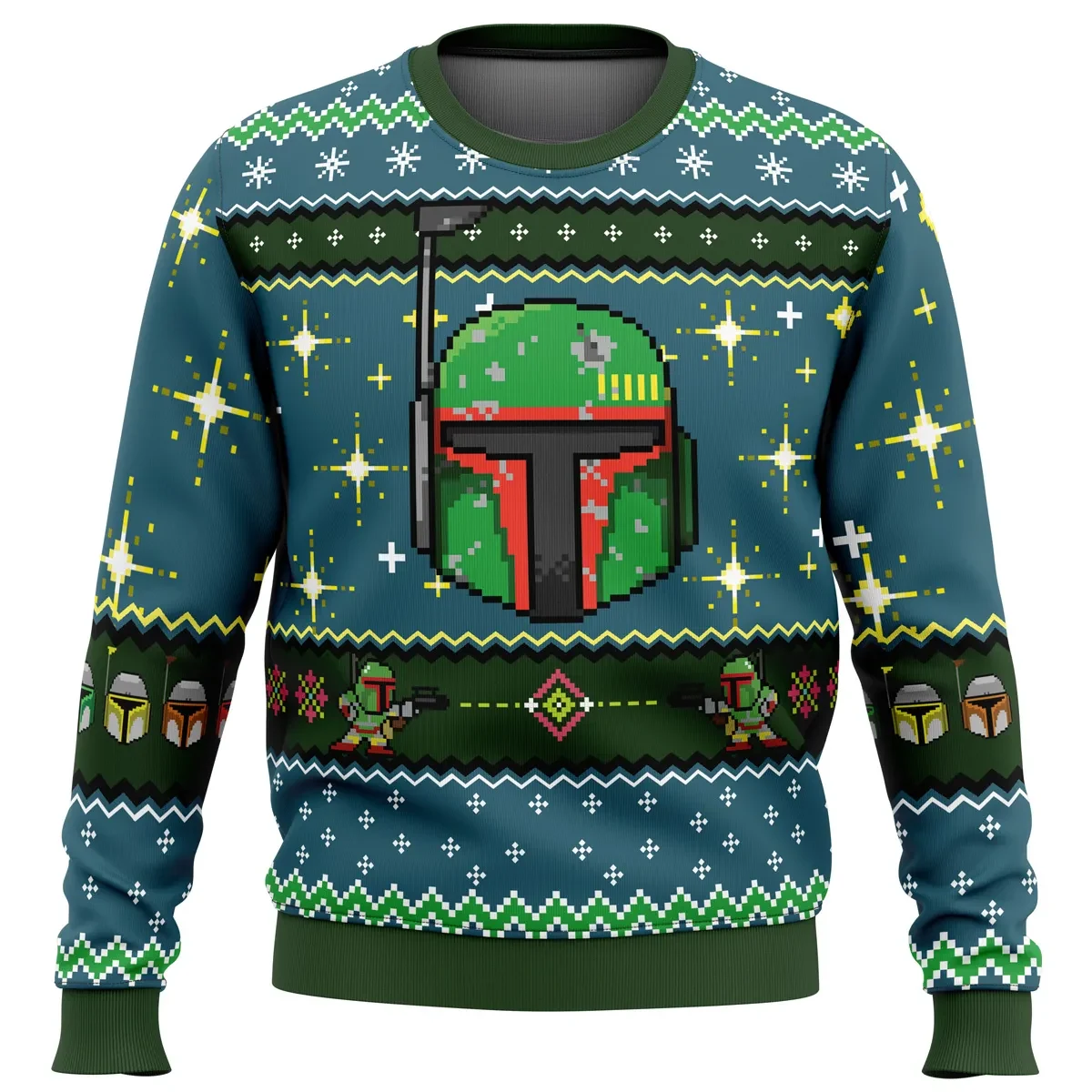 Boba Fett Ugly Christmas Sweater, Star Wars Mandalorian Helmet Holiday Sweater, Pixel Bounty Hunter in the Galaxy, Movie Xmas Gift