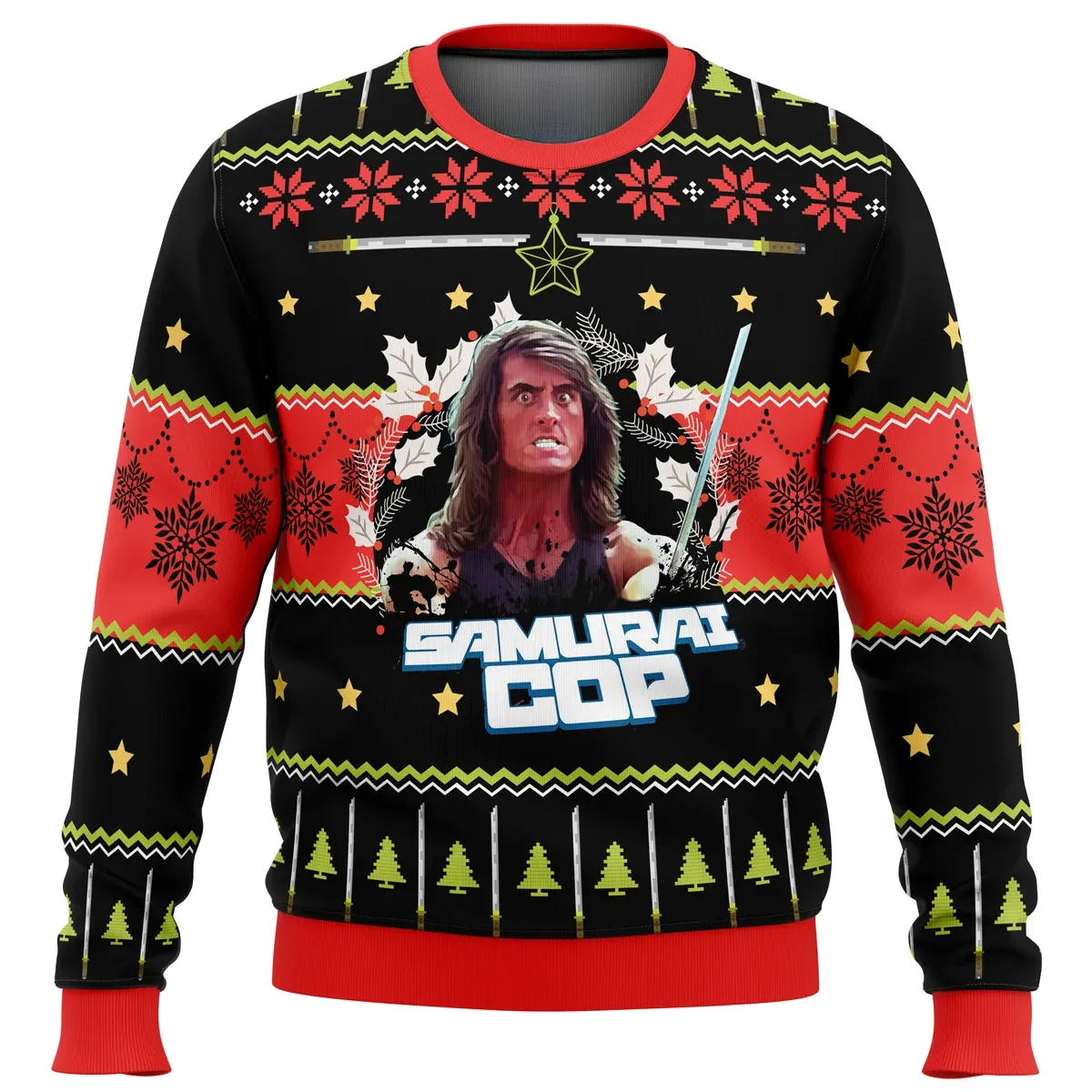 Samurai Cop Ugly Christmas Sweater, Cult Action Movie Holiday Sweater, Holly Wreath Hero Portrait, Movie Xmas Gift for So-Bad-It's-Good Film Fans