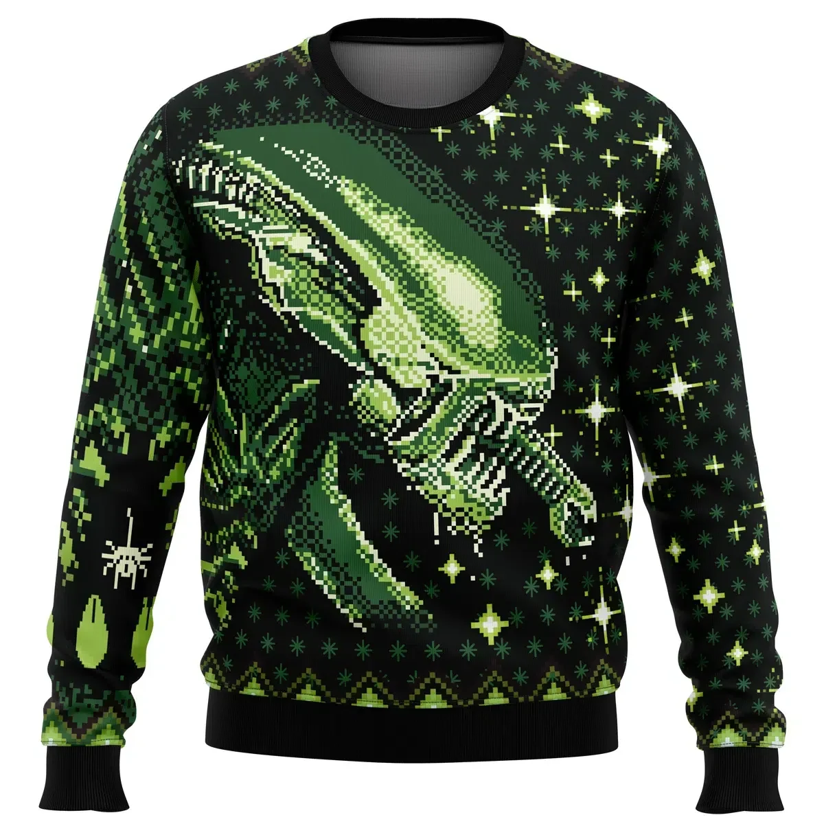 Xenomorph Alien Ugly Christmas Sweater, Alien Movie Sci-Fi Holiday Sweater, Green Pixel Art Facehugger Design, Horror Movie Xmas Gift