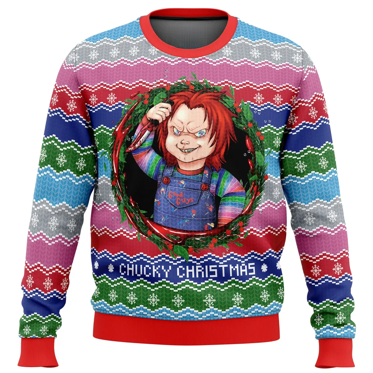 Chucky Christmas Ugly Christmas Sweater, Child's Play Horror Holiday Sweater, Horror Movie Xmas Gift, Unisex All Over Print Striped Sweatshirt