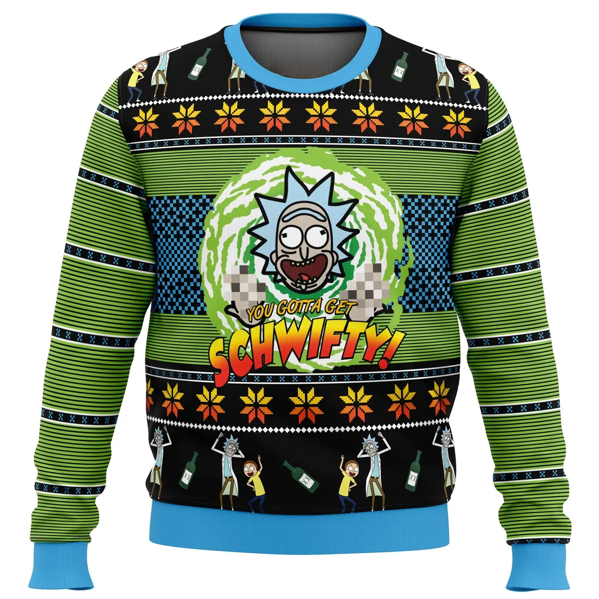 Let's Get Schwifty Rick and Morty Ugly Christmas Sweater, Green Portal Holiday Sweatshirt, Adult Cartoon Xmas Party Gift for Fans