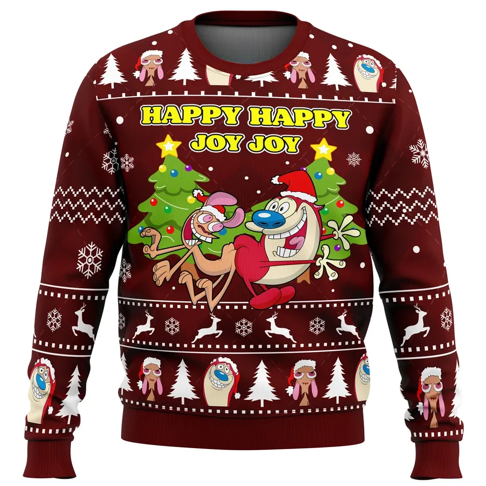 Happy Happy Joy Joy Ren and Stimpy Ugly Christmas Sweater, Santa Hat Cartoon Holiday Sweatshirt, Unisex 90s Nickelodeon Xmas Gift