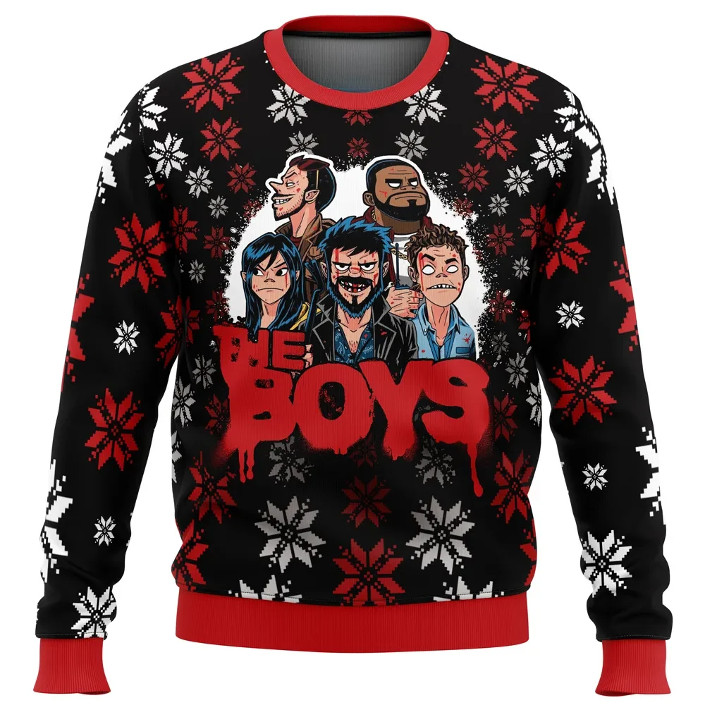 The Boys Ugly Christmas Sweater, Gorillaz Style Cartoon Holiday Sweatshirt with Butcher and Crew, TV Show Xmas Gift for Superhero Fans