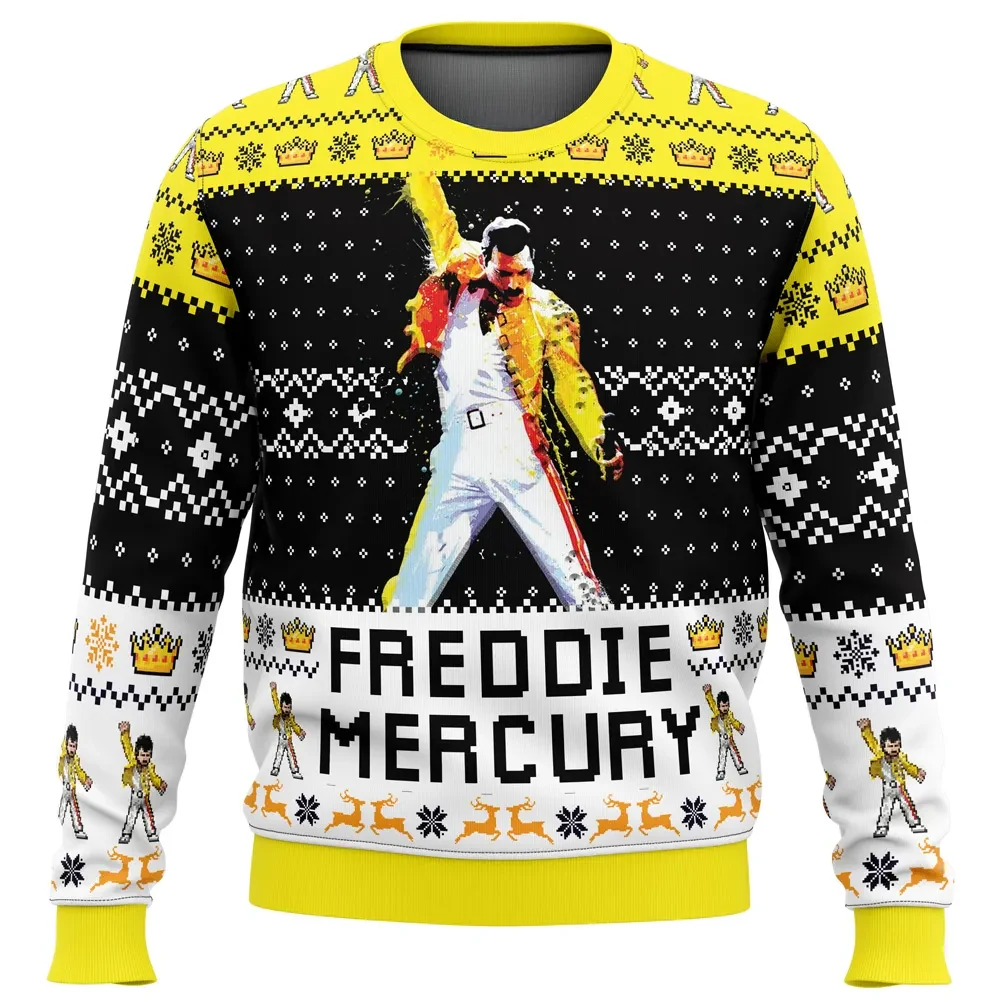 Freddie Mercury Queen Ugly Christmas Sweater, Queen Rock Band Holiday Sweater with Crowns, Unisex Music Lover Xmas Gift for Fans