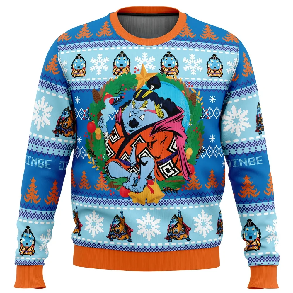 Christmas Jinbe One Piece Ugly Christmas Sweater, Jinbei Sun Pirates Jolly Roger Anime Holiday Sweater, Unisex Xmas Gift for Straw Hat Fans