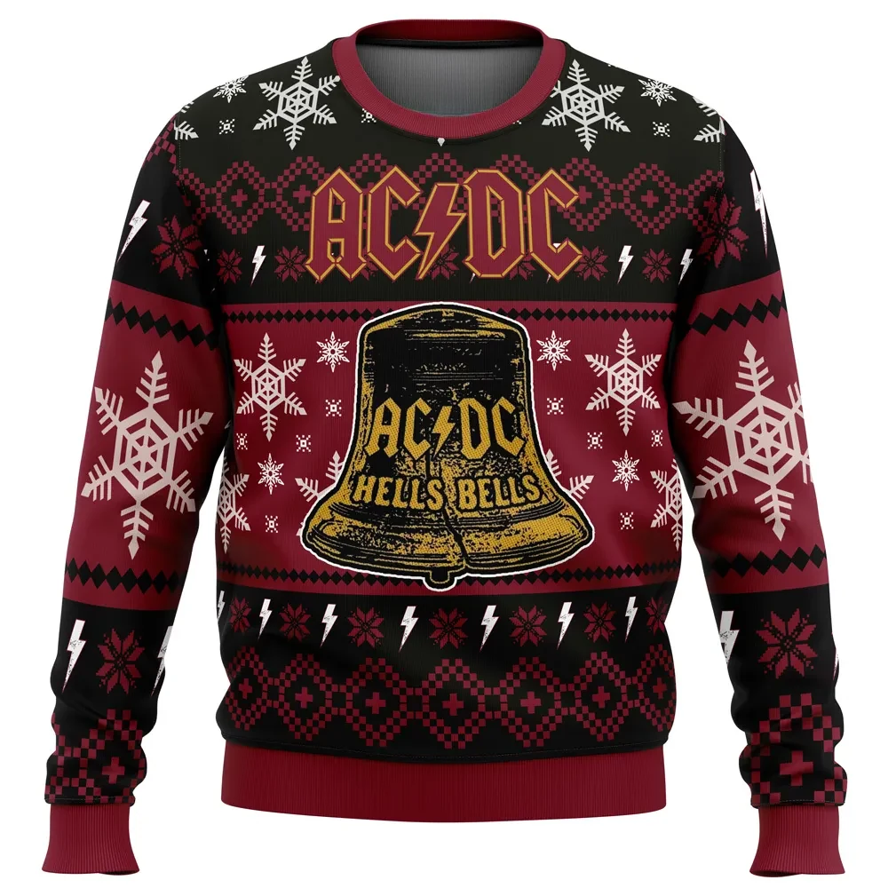 Hells Bells ACDC Ugly Christmas Sweater, AC/DC Rock Band Logo Holiday Sweater, Golden Bell Music Xmas Sweatshirt Gift for Fans