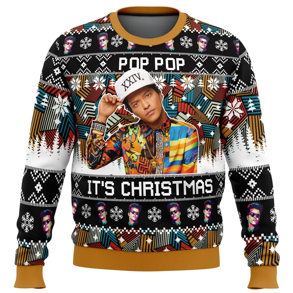 Pop Pop It's Christmas Bruno Mars Ugly Christmas Sweater, 24K Magic Music Holiday Sweater, XXIV Cap Pop Star Xmas Gift for Him or Her