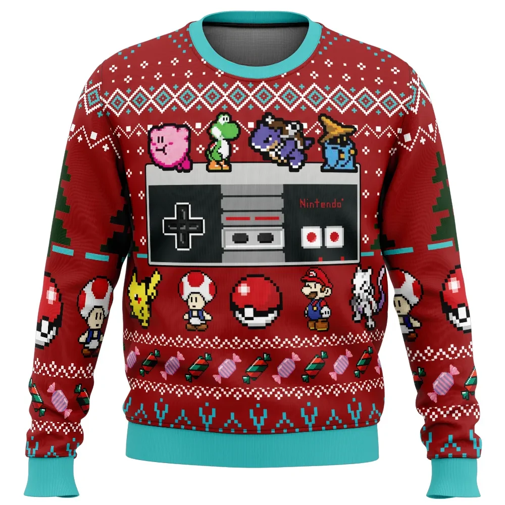 Nintendo Controller Ugly Christmas Sweater, Retro Gamer Holiday Sweater with Pixel Kirby and Yoshi, Video Game Xmas Gift for Gamers