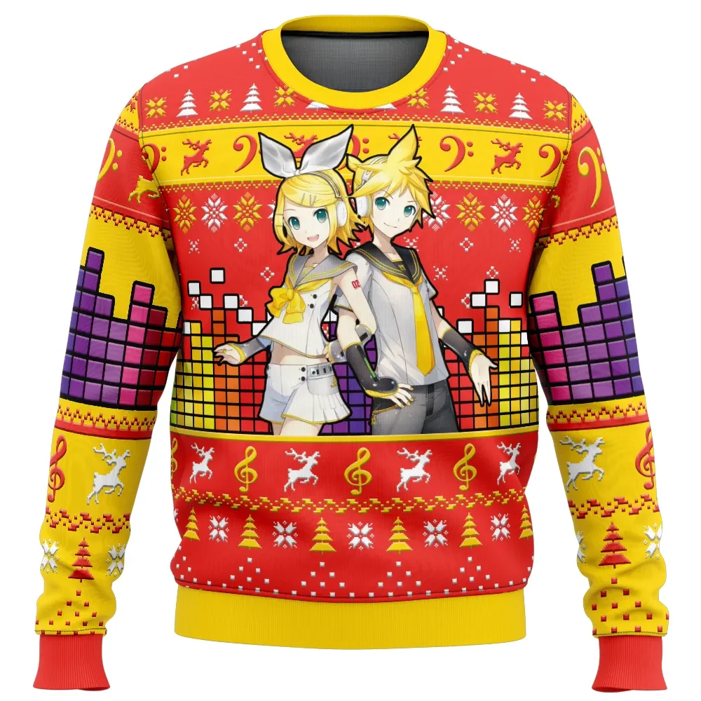 Kagamine Rin Len Vocaloid Ugly Christmas Sweater, Twin Virtual Singers Music Equalizer Anime Holiday Sweater, Anime Xmas Gift for Fans