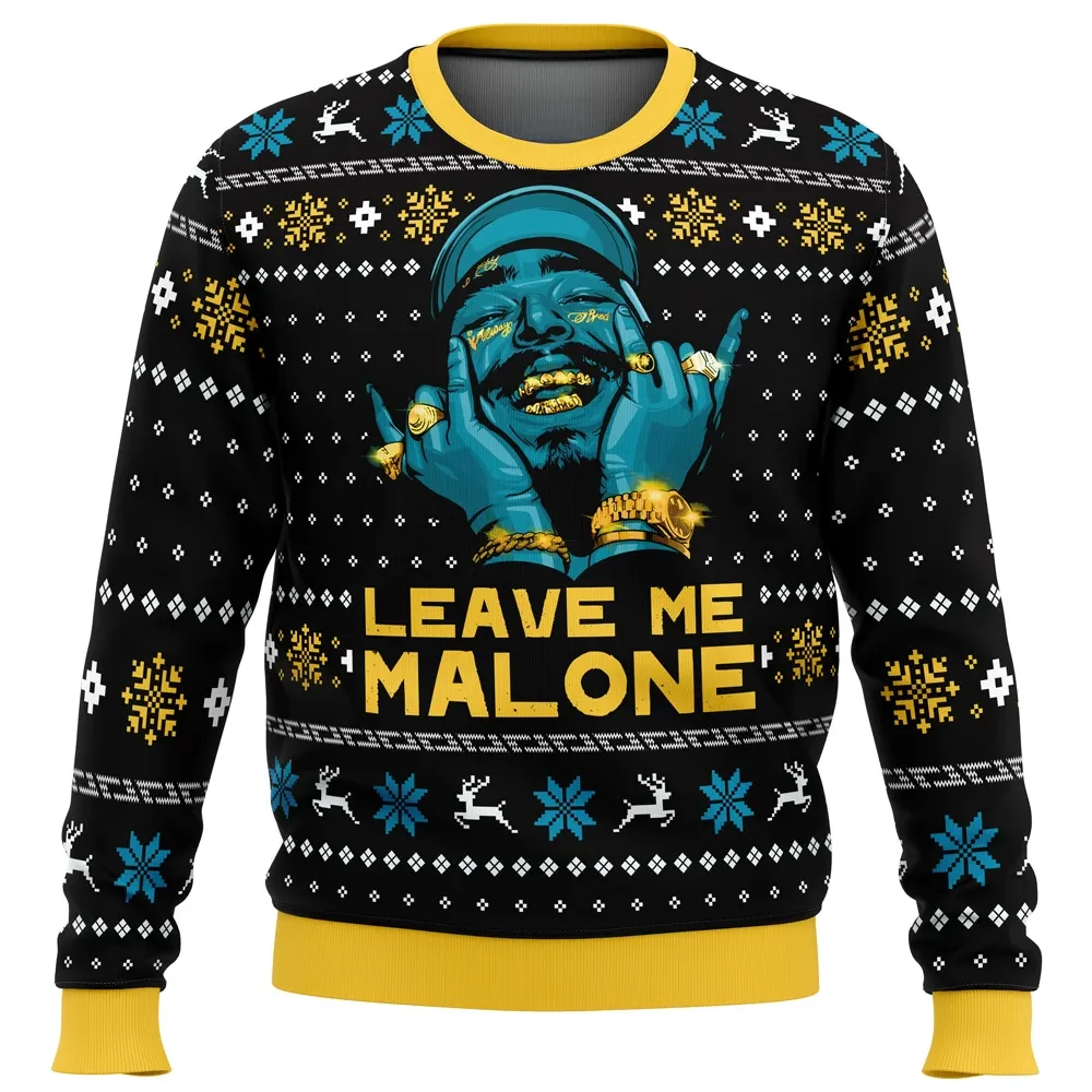 Leave Me Malone Post Malone Ugly Christmas Sweater, Rapper Music Holiday Sweater, Gold Grills Hip Hop Funny Xmas Gift for Rap Fans