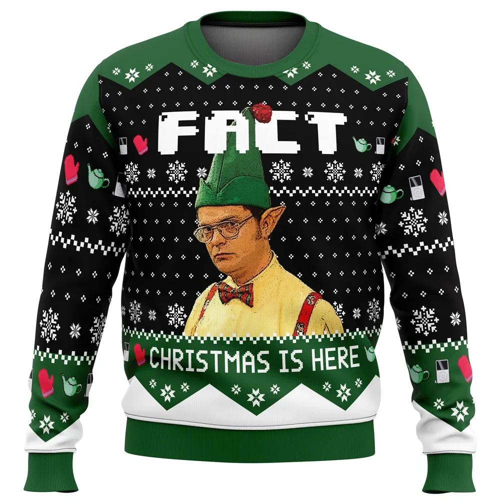 Fact Christmas Is Here The Office Ugly Christmas Sweater, Dwight Schrute Elf Hat Holiday Sweater, Funny TV Show Xmas Sweatshirt, Sitcom Fan Gift