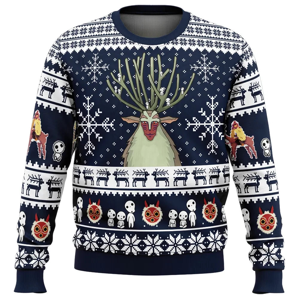 Forest Spirit Princess Mononoke Ugly Christmas Sweater, Studio Ghibli Holiday Sweater, Shishigami Deer God and Kodama Anime Xmas Gift for Fans