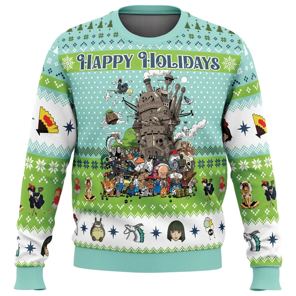 Happy Holidays Studio Ghibli Ugly Christmas Sweater, Howl's Moving Castle Totoro Anime Holiday Sweater, Unisex All Over Print Xmas Jumper
