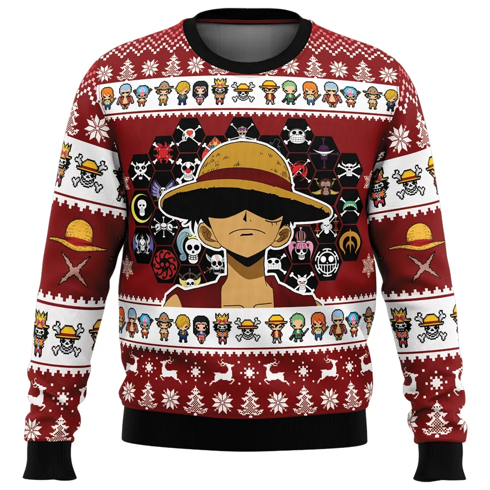 Jolly Rogers One Piece Ugly Christmas Sweater, Luffy Straw Hat Pirate Flags Holiday Sweater, Chibi Crew Anime Xmas Gift for Fans
