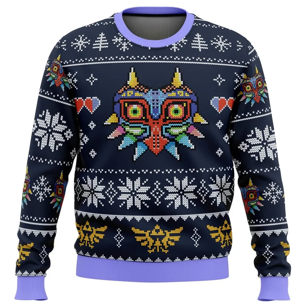 Majora's Mask Legend of Zelda Ugly Christmas Sweater, Zelda Gamer Holiday Sweater, Hylian Crest Navy Pullover, Nintendo Video Game Xmas Gift