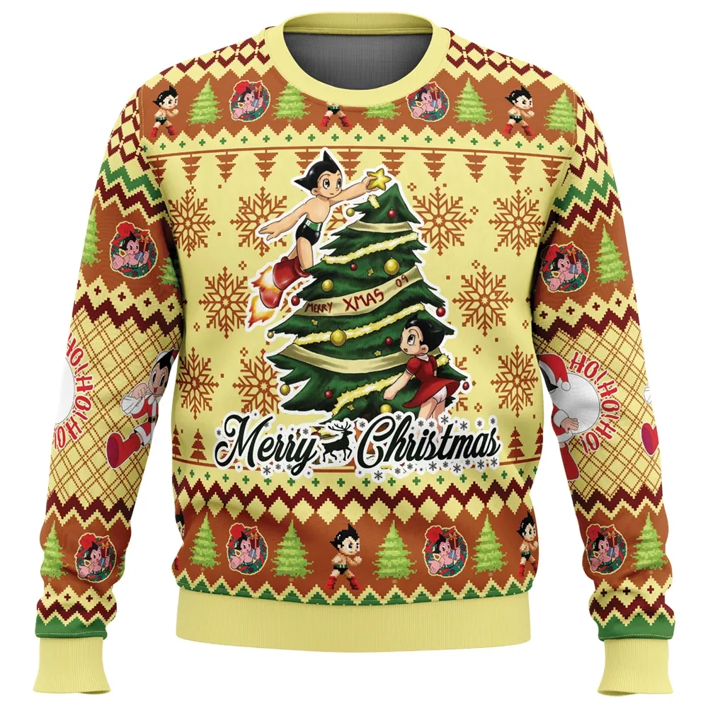 Merry Christmas Astro Boy Ugly Christmas Sweater, Retro Anime Holiday Sweatshirt with Uran Decorating a Tree, Classic Manga Xmas Gift