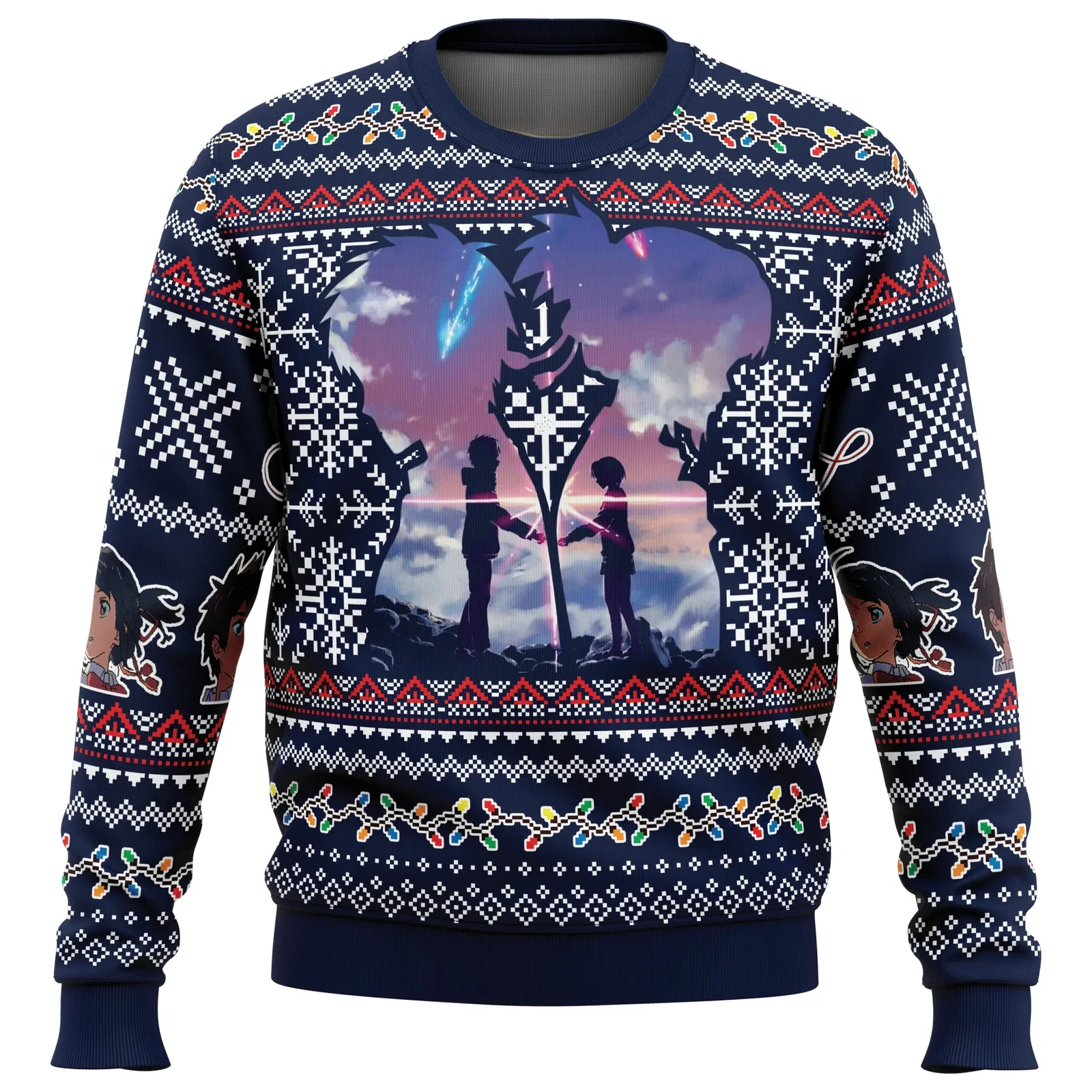 Christmas Kimi No Na Wa Your Name Ugly Christmas Sweater, Taki and Mitsuha Anime Movie Holiday Sweatshirt, Comet Night Sky Xmas Gift for Fans