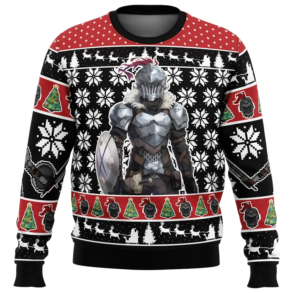 Christmas Adventurer Goblin Slayer Ugly Christmas Sweater, Armored Hero Anime Holiday Sweatshirt, Dark Fantasy Xmas Gift for Otaku