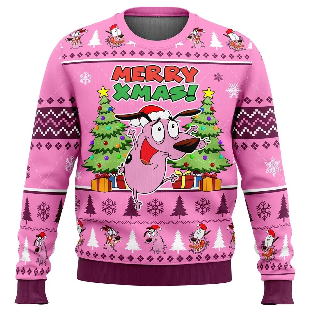 Merry Xmas Courage the Cowardly Dog Ugly Christmas Sweater, Pink Santa Hat Cartoon Holiday Sweater, Funny Xmas Gift for 90s Kids and Fans