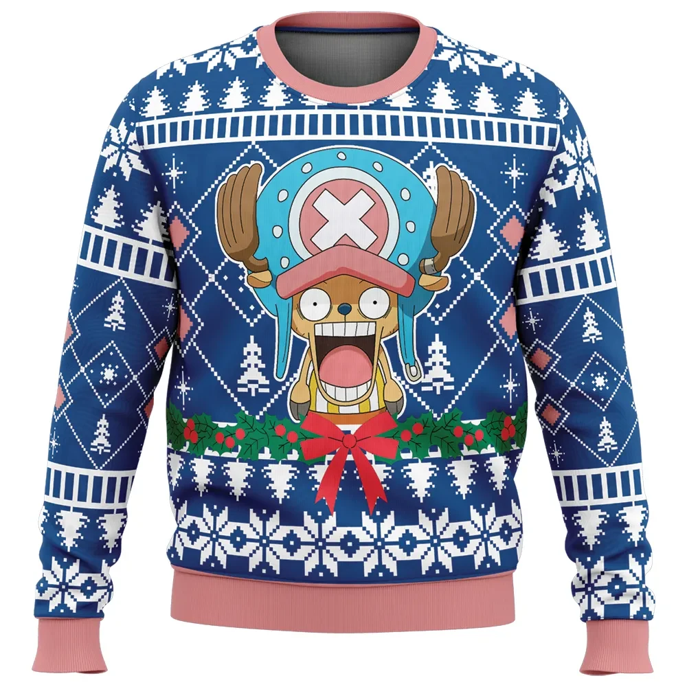 Surprised Tony Tony Chopper One Piece Ugly Christmas Sweater, Straw Hat Pirates Reindeer Holiday Sweater, Blue Anime Xmas Sweatshirt Gift