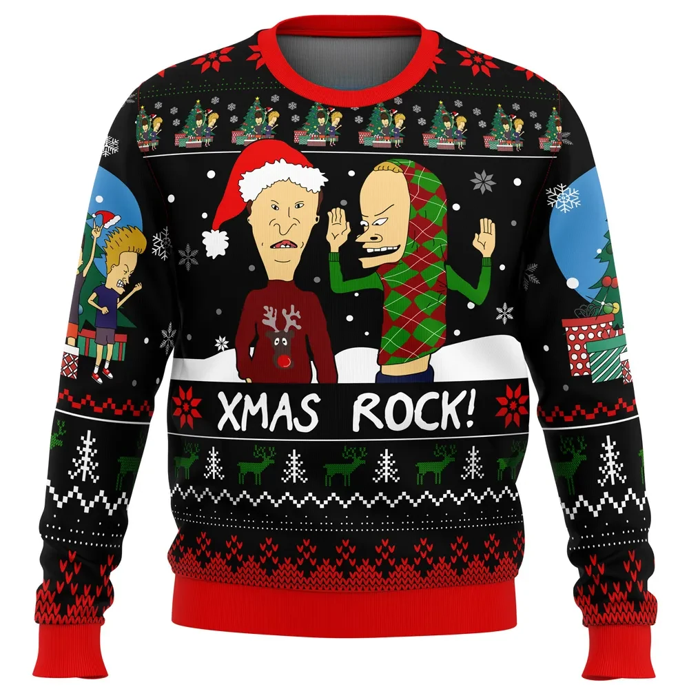 Xmas Rock Beavis and Butthead Ugly Christmas Sweater, Cartoon Holiday Sweater, Funny 90s MTV Animated Duo Xmas Gift for Retro Fans