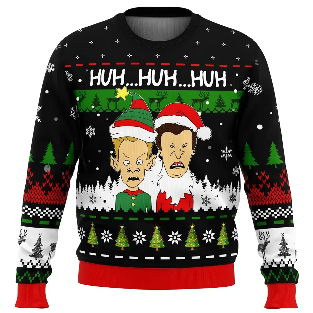Huh Huh Huh Beavis and Butthead Ugly Christmas Sweater, Santa and Elf Hat Cartoon Holiday Sweater, Funny 90s Xmas Party Gift