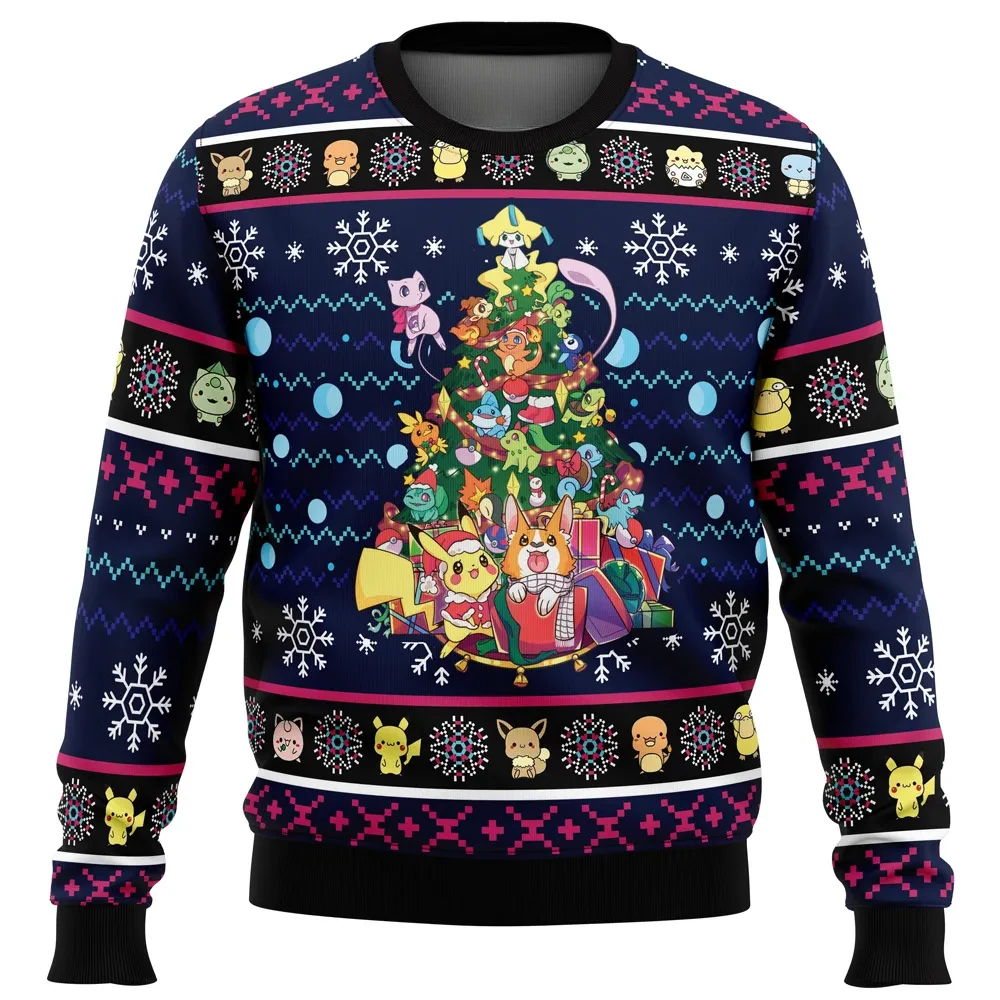 Christmas Tree Pokemon Ugly Christmas Sweater, Pikachu Eevee Mew Holiday Sweater, Anime Gamer Xmas Gift for Trainers of All Ages