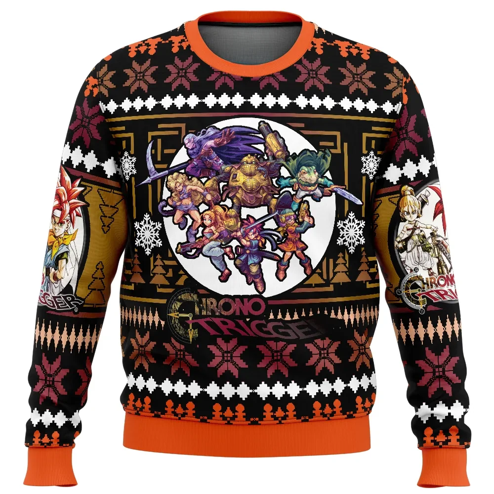 Chrono Heroes Chrono Trigger Ugly Christmas Sweater, Retro RPG Holiday Sweater, Crono and Marle Black and Orange Sweatshirt, Gamer Xmas Gift