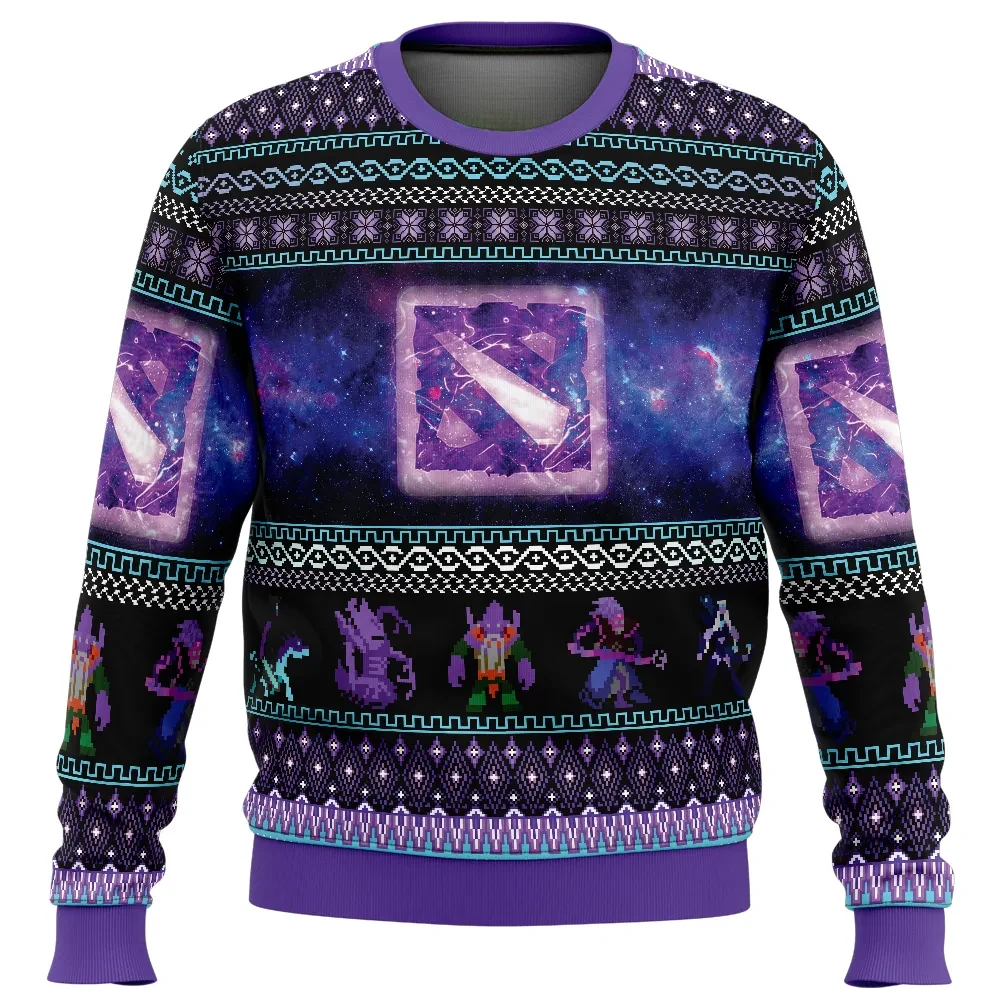 Radiant Dota 2 Ugly Christmas Sweater, MOBA Gamer Holiday Sweatshirt with Pixel Heroes and Galaxy Logo, Unisex Xmas Gift for PC Players