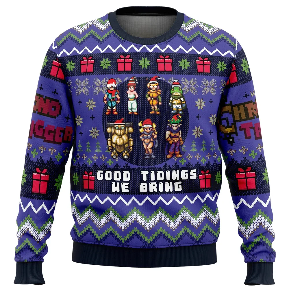 Good Tidings We Bring Chrono Trigger Ugly Christmas Sweater, Retro Pixel RPG Holiday Sweatshirt, Crono Marle Lucca Frog Gamer Xmas Gift