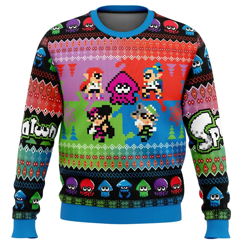 Heroes Splatoon 2 Ugly Christmas Sweater, Inkling and Squid Sisters Pixel Art Gamer Holiday Sweatshirt, Unisex Xmas Gift for Nintendo Fans