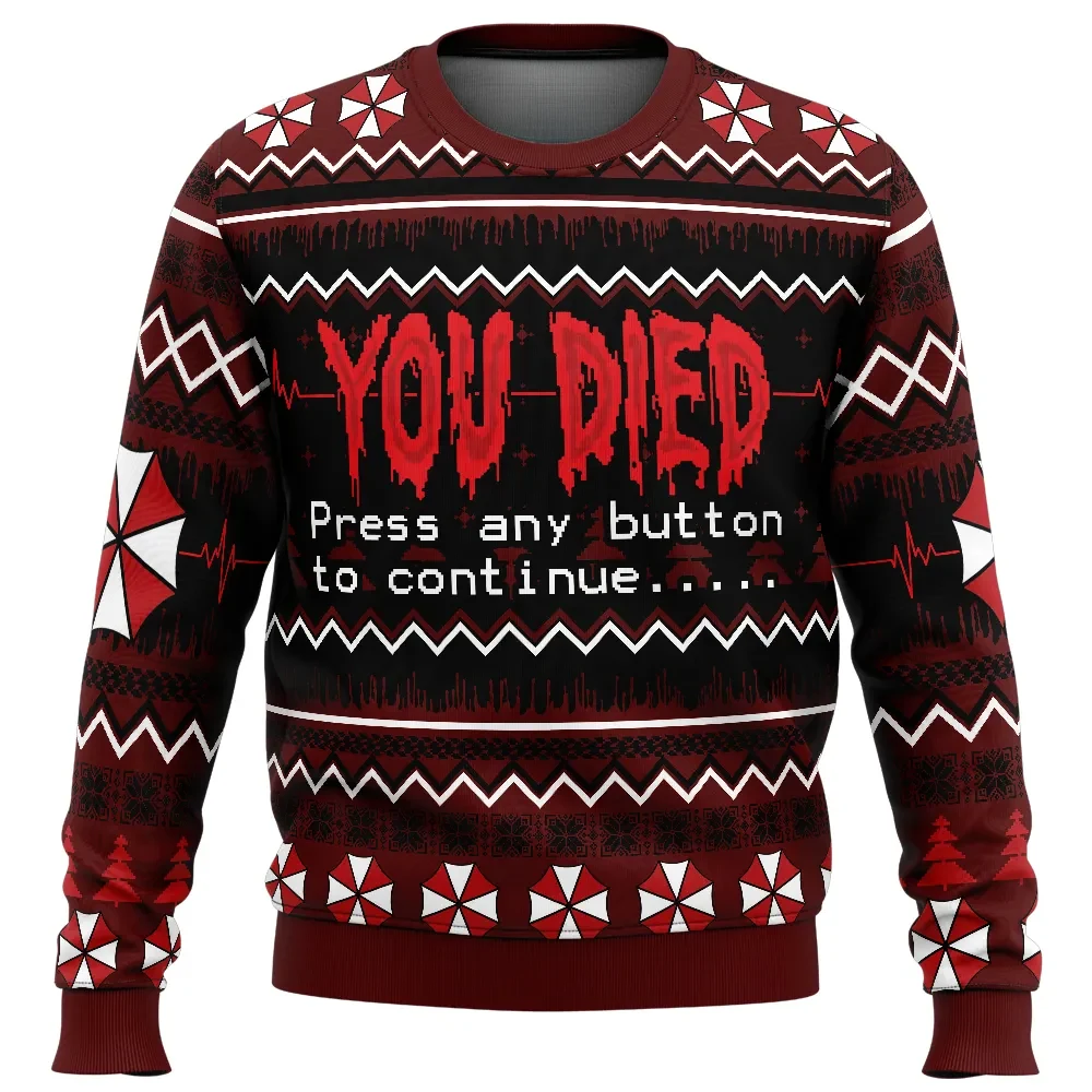 You Died Resident Evil Ugly Christmas Sweater, Umbrella Corporation Logo Holiday Sweatshirt, Survival Horror Gamer Xmas Gift for Fans