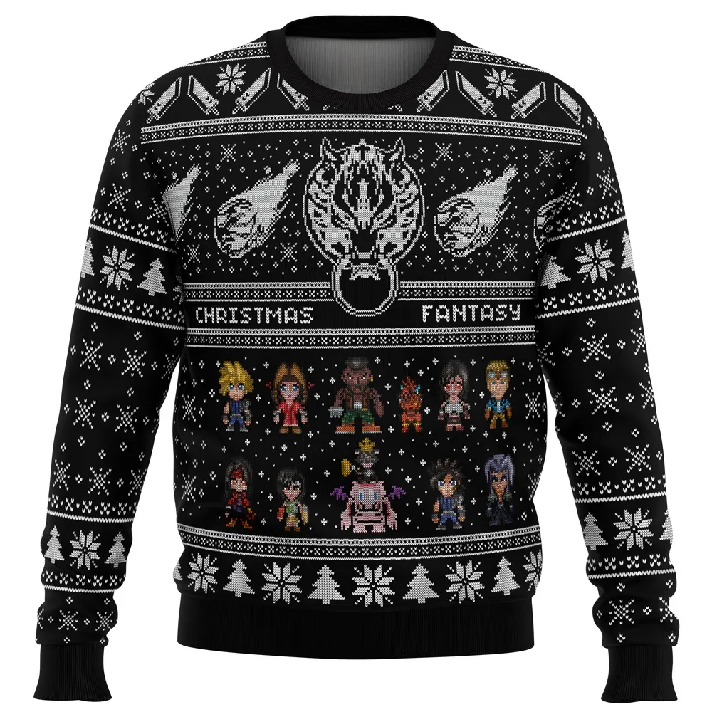 Final Fantasy 7 Christmas Fantasy Ugly Christmas Sweater, FF7 Cloud Wolf Emblem Gamer Holiday Sweater, Retro Pixel Video Game Xmas Gift