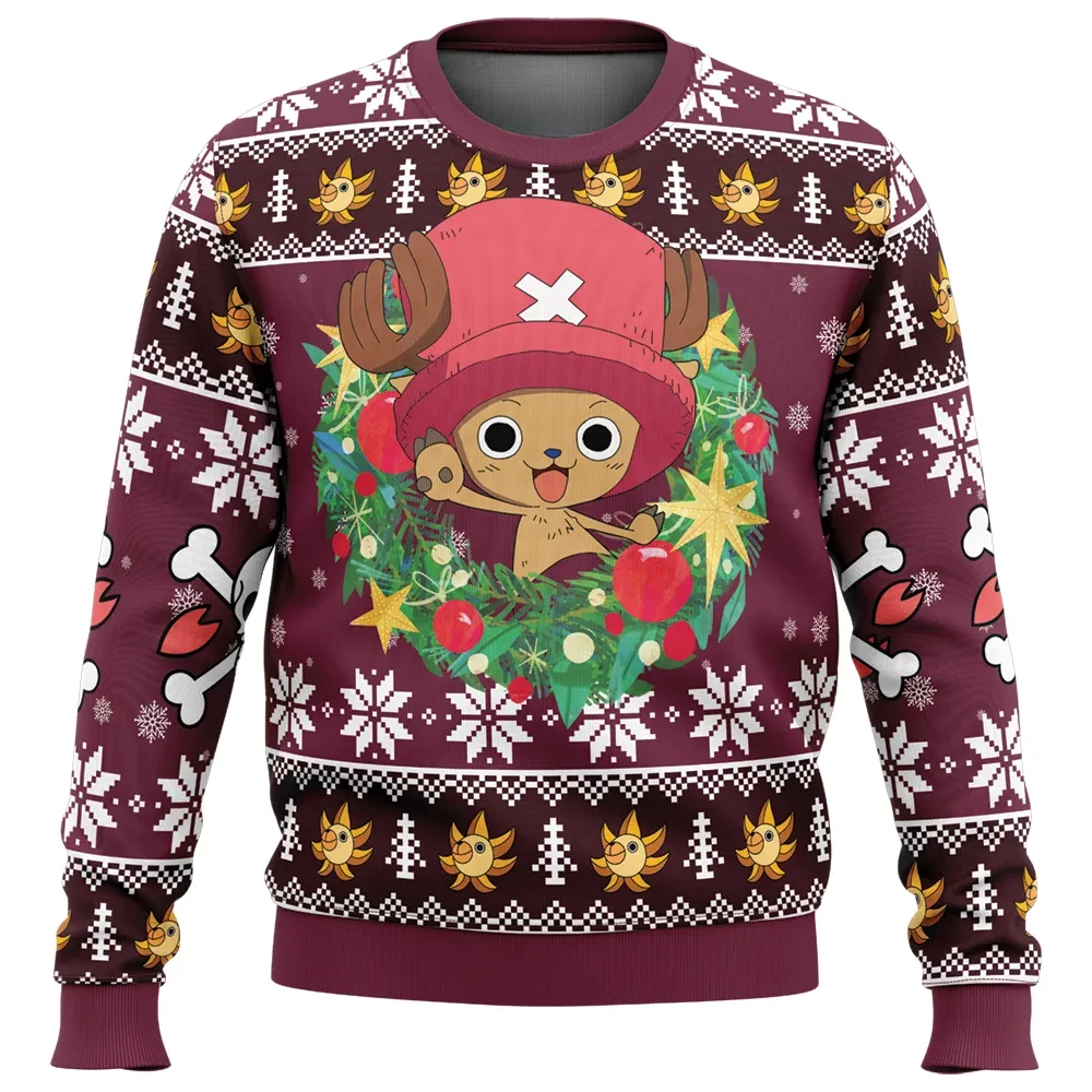 Christmas Tony Tony Chopper One Piece Ugly Christmas Sweater, Chopper Wreath and Jolly Roger Holiday Sweater, Cute Reindeer Anime Xmas Gift