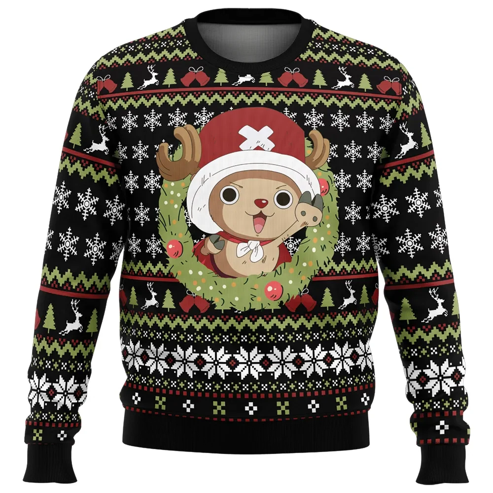Santa Tony Tony Chopper One Piece Ugly Christmas Sweater, Chibi Reindeer Wreath Anime Holiday Sweater, Unisex Xmas Sweatshirt, Gift for Otaku
