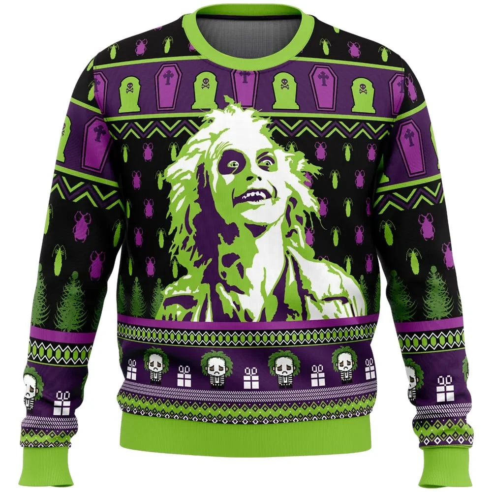 Smile Beetlejuice Ugly Christmas Sweater, Tim Burton Movie Holiday Sweater, Ghost with the Most Spooky Xmas Gift for Horror Fans