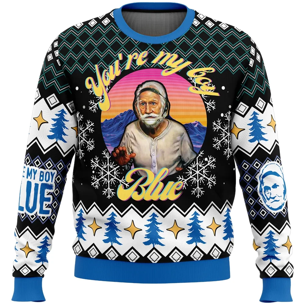 You're My Boy Blue Old School Ugly Christmas Sweater, Comedy Movie Holiday Sweatshirt, Retro Sunset Print, Unisex Xmas Gift for Film Fans