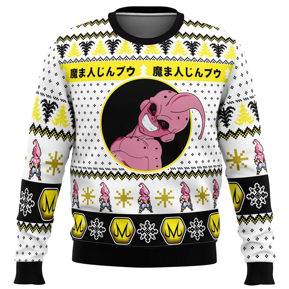 Kid Buu Face Dragon Ball Z Ugly Christmas Sweater, DBZ Anime Holiday Sweater, Majin Emblem Xmas Sweatshirt, Gift for Villain Fans