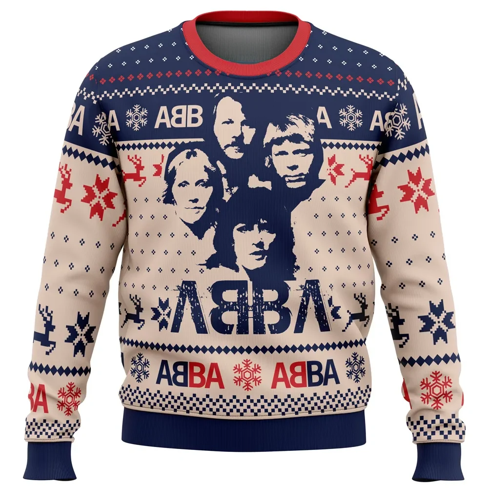 ABBA Ugly Christmas Sweater, ABBA Band Holiday Sweater with Reindeer and Snowflakes, Swedish Pop Music Xmas Gift, Unisex All Over Print