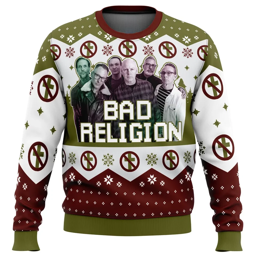 Bad Religion Ugly Christmas Sweater, Punk Rock Band Crossbuster Logo Holiday Sweater, Unisex Music Xmas Sweatshirt Gift for Fans