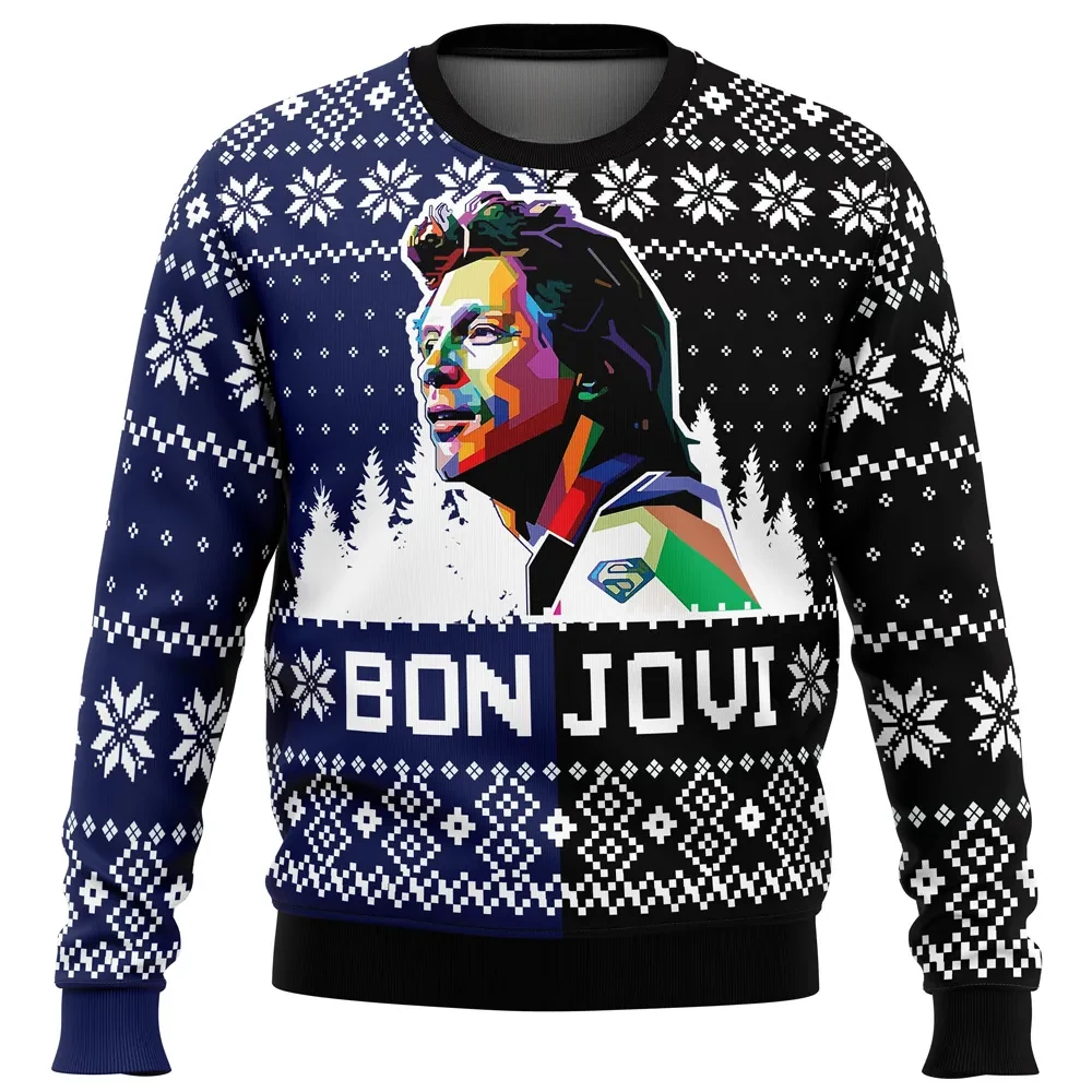 Bon Jovi Ugly Christmas Sweater, Rock Band Holiday Sweatshirt with Pop Art Portrait, Music Fan Xmas Party Gift, Unisex All Over Print