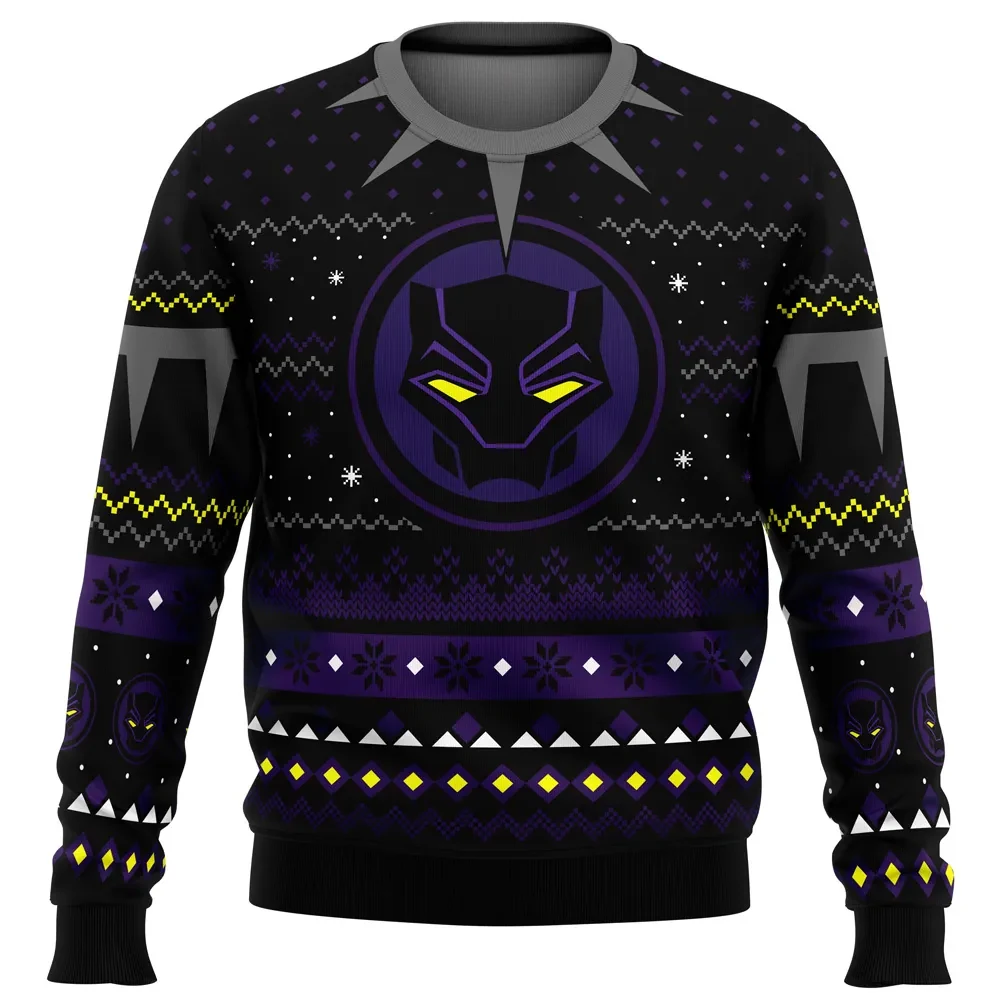 Black Panther Marvel Ugly Christmas Sweater, Wakanda Mask Emblem Holiday Sweater, Purple and Black Superhero Xmas Sweatshirt, Avengers Fan Gift