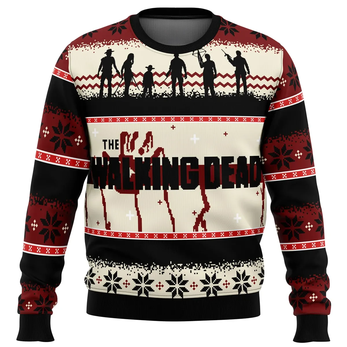 The Walking Dead Ugly Christmas Sweater, Walking Dead TV Show Holiday Sweater, Survivor Silhouettes and Snowflakes, Horror Fan Xmas Gift