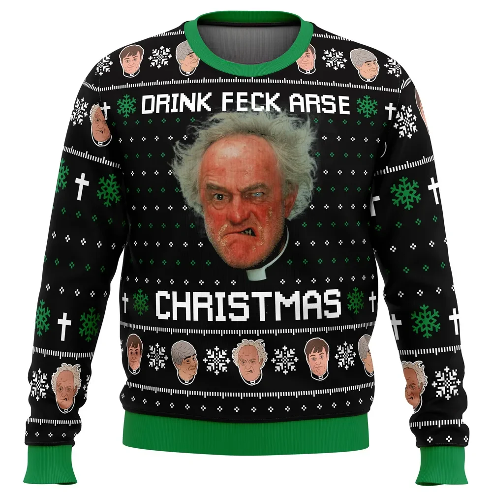 Drink Feck Arse Christmas Father Ted Ugly Christmas Sweater, Father Jack Holiday Sweatshirt, Funny Irish TV Sitcom Xmas Gift for Fans
