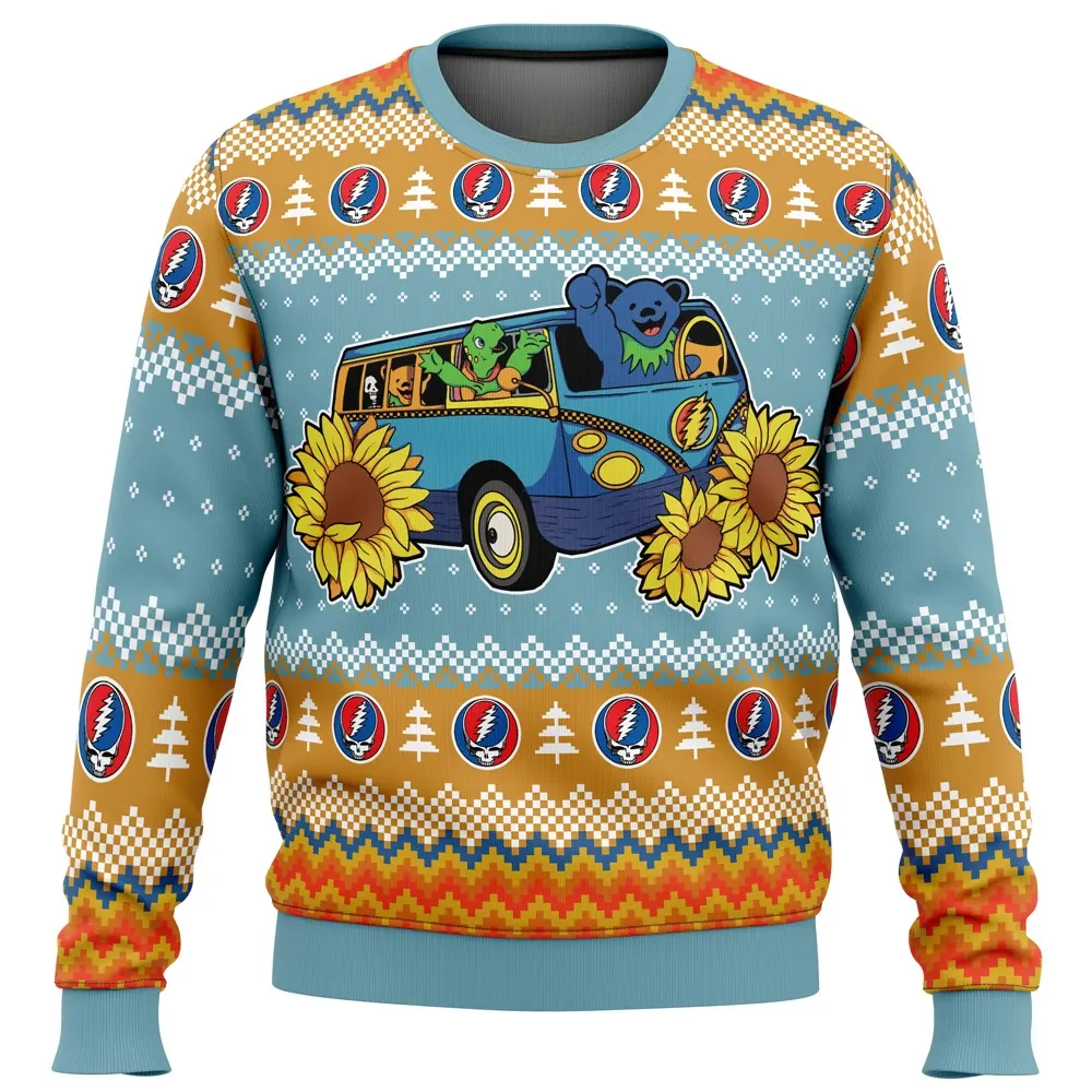 Grateful Dead Bus Ugly Christmas Sweater, Dancing Bear Steal Your Face Holiday Sweatshirt, Sunflower Hippie Rock Band Xmas Gift for Deadheads
